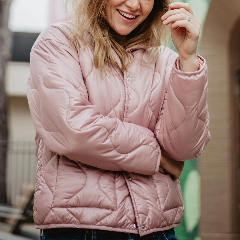 Pink Button Up Quilted Puffer Jacket
