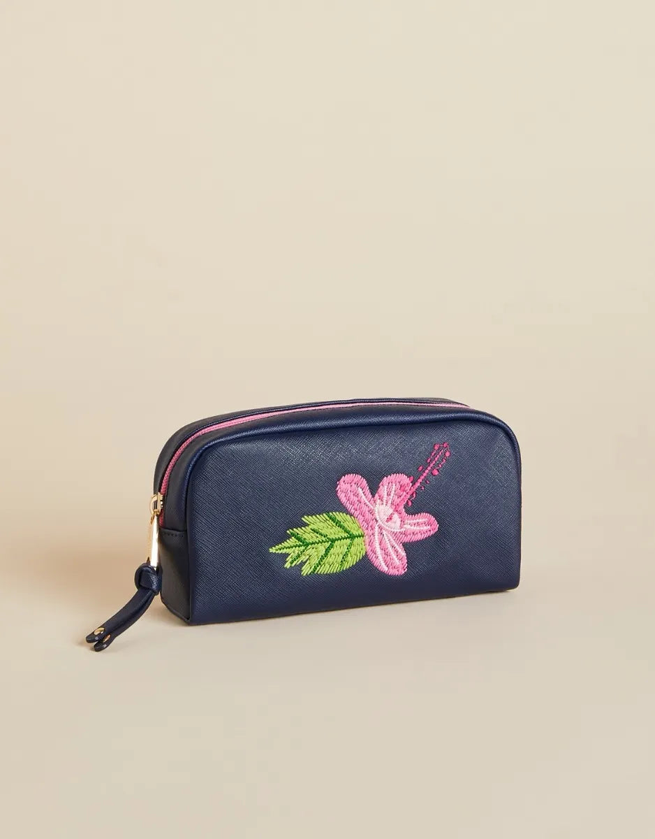 Embroidered Travel Case Hibiscus Navy