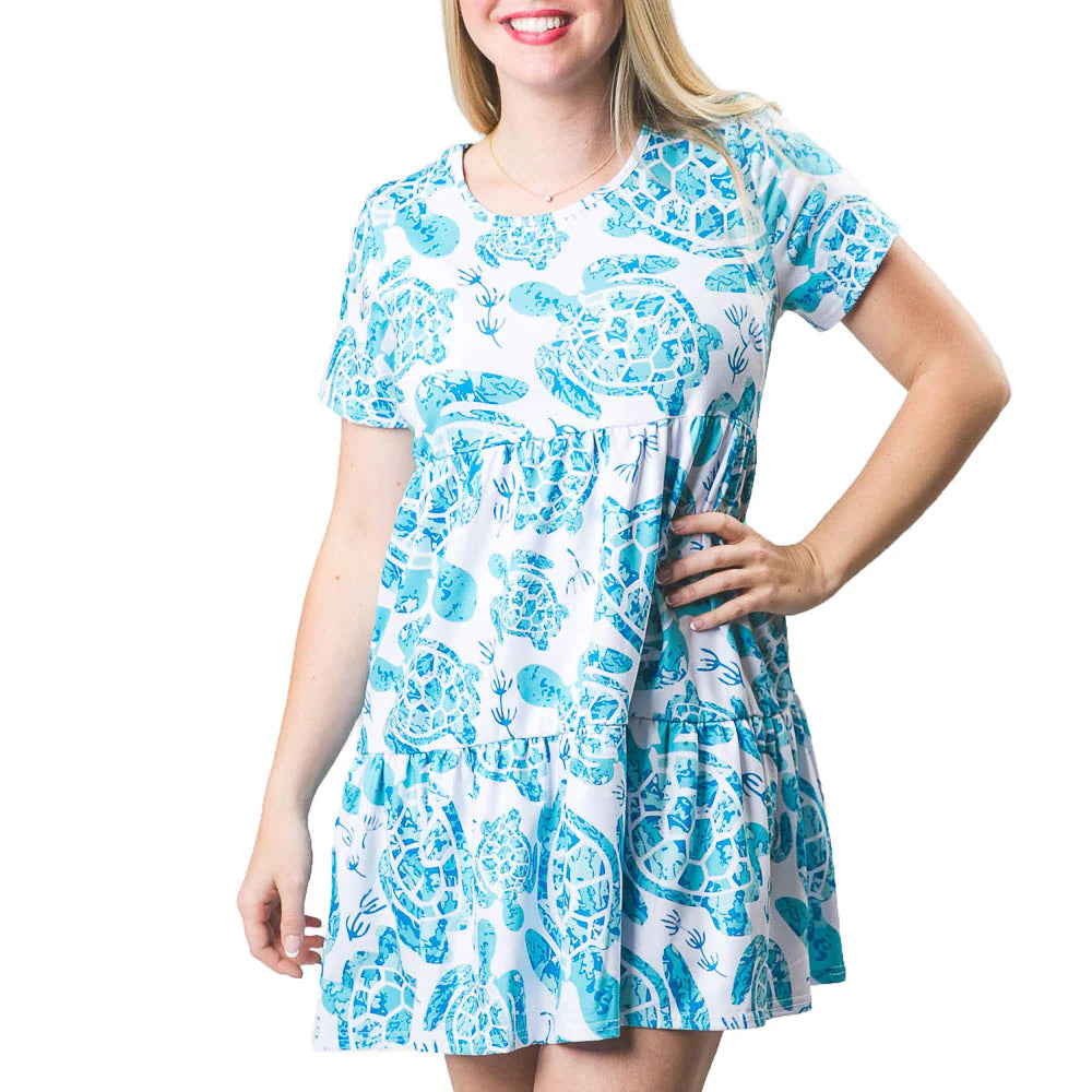 Millie Dress Blue Sea Turtle Short Sleeve
