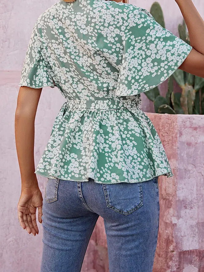 Green Floral V Neck Babydoll Top