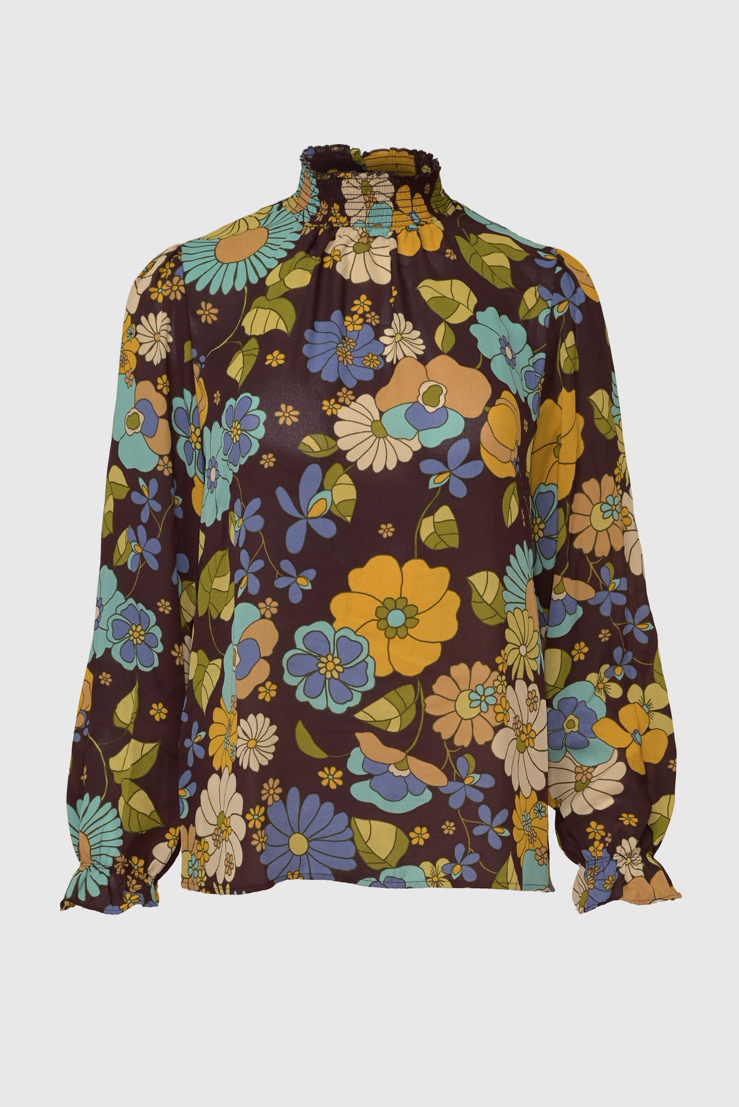 Long Sleeve Smocked Neck Chiffon Top