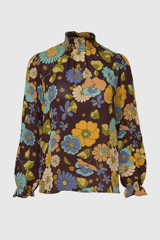Long Sleeve Smocked Neck Chiffon Top