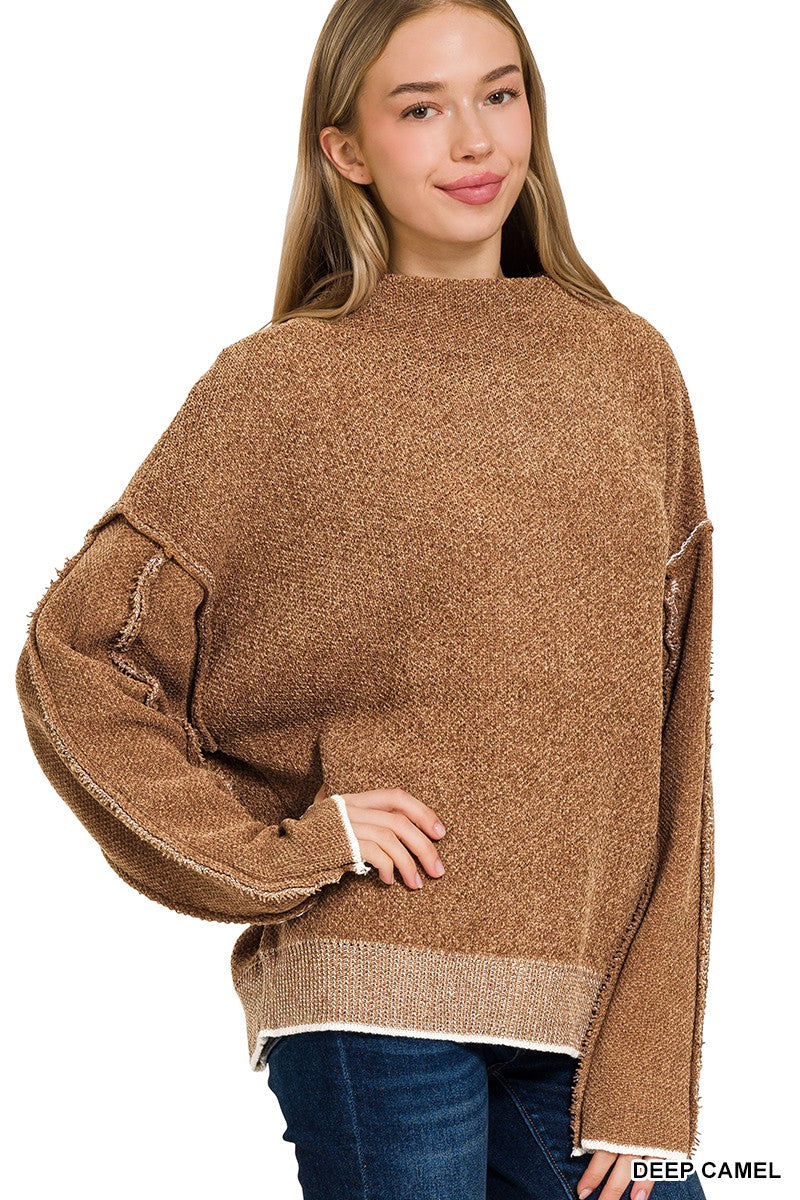 Oversized Mock Neck Raw Seam Chenille Sweater