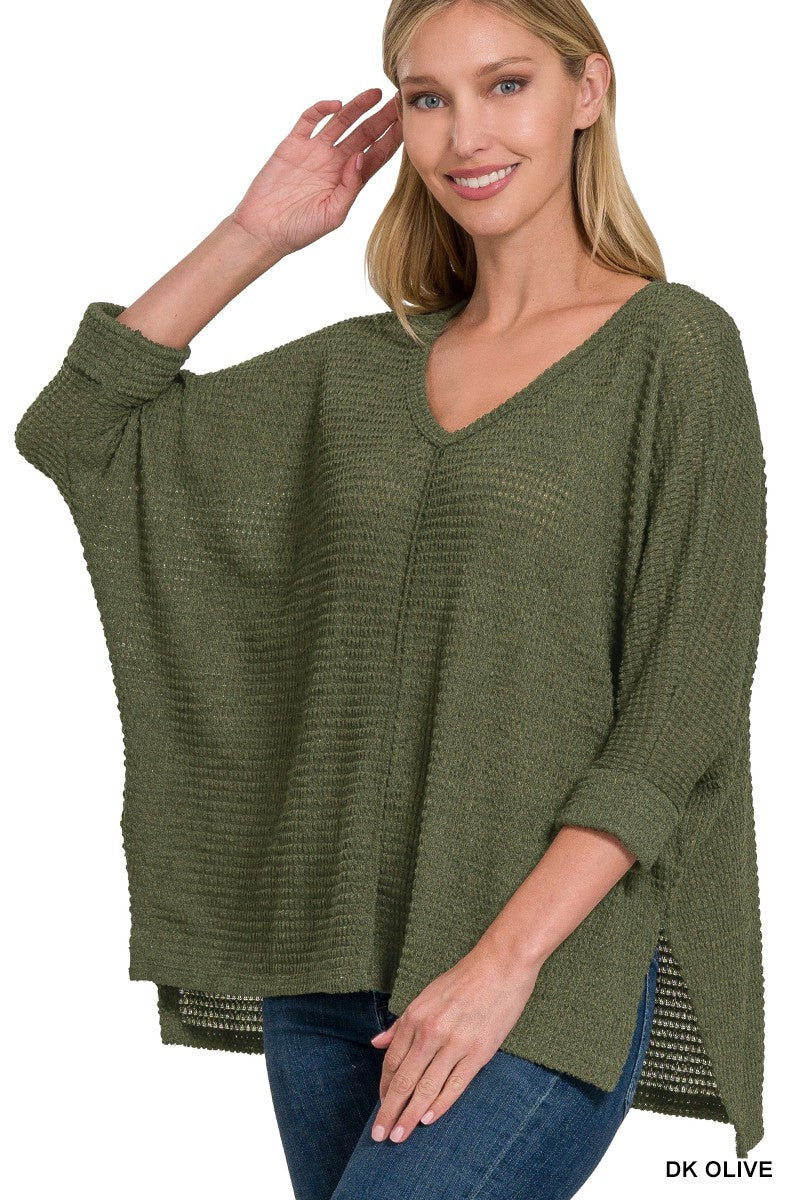 3/4 Sleeve V-Neck Hi-Low Hem Jacquard Sweater