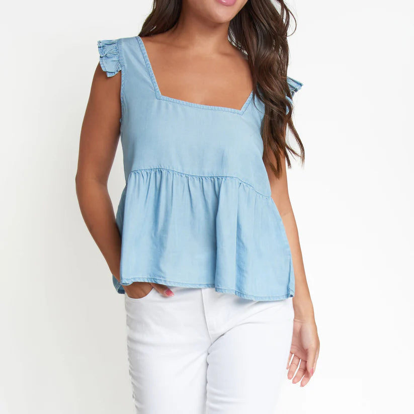 Delaney Chambray Babydoll Tank w/Frill Sleeves Faded Denim