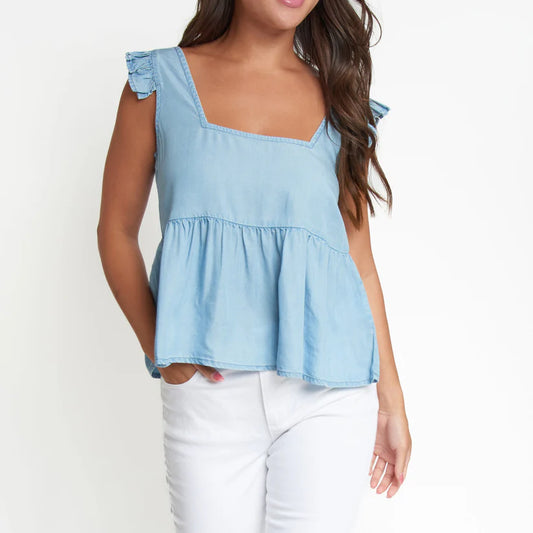 Delaney Chambray Babydoll Tank w/Frill Sleeves Faded Denim