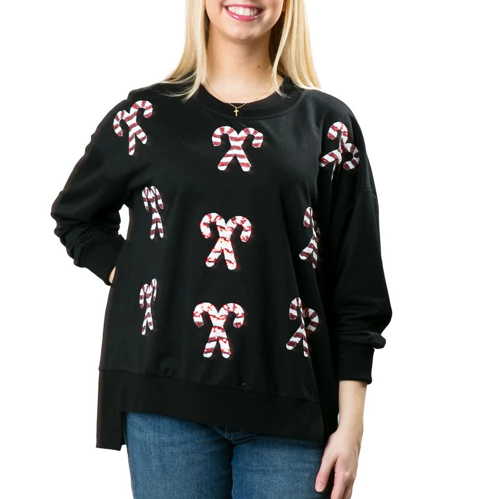 Holiday Sweatshirt-Black With Candy Cane