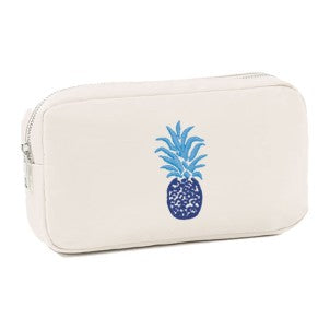 Blue Pineapple Embroidery Accessory Bag-Creme