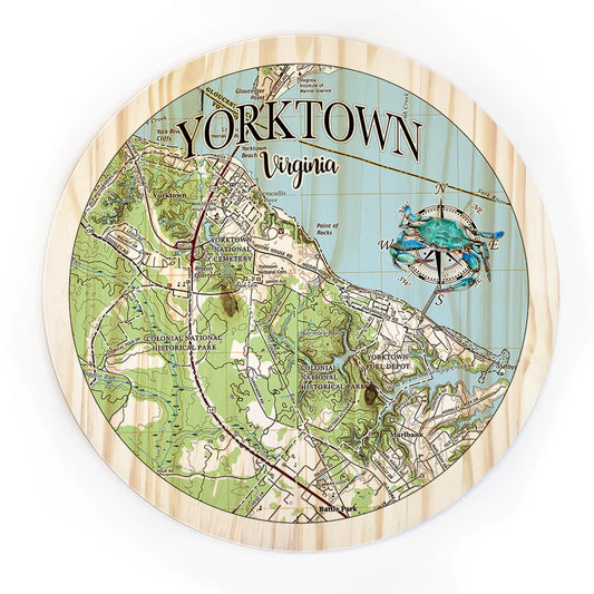 18" Wooden Circle Yorktown Map With Crab
